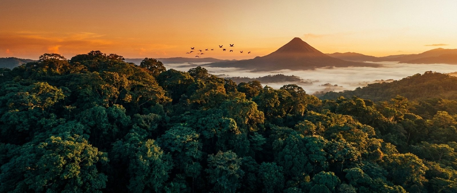 Sunset over the Costa Rican rainforest and volcano