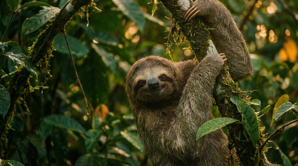 Three-toed sloth hanging from a branch in the rainforest